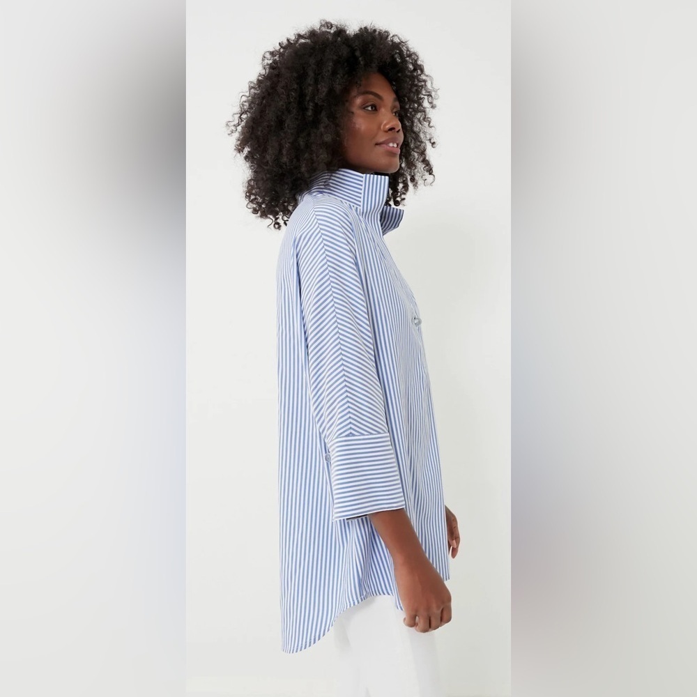 Tuckernuck Blue Stripe Willow Blouse. V-neck. Stand up collar. Classic. XS - Picture 6 of 8
